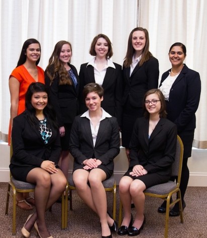North squad at the 2015 Nationals competition in North Carolina (1st row: Natalie Nava '16, Aubrey Hills '15, Katherine Milano '16; 2nd row: Shelby Clark (Coach) '12, Chelsea Divins '16, Ariana Canby '15, Alex Murray '17, Baani Kharana '15)