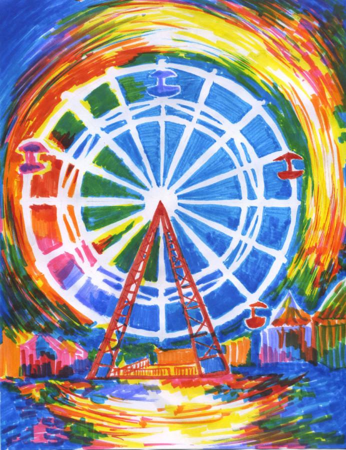 A rendition of a popular amusement park ride, the Ferris Wheel. 
