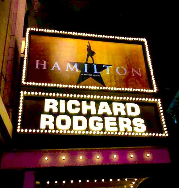 The Hamilton marquee at the Richard Rodgers Theatre.