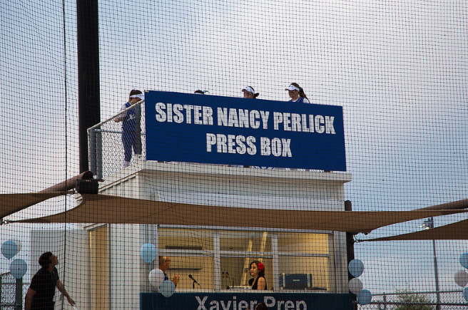 The dedication of the press box to Sister Nancy Perlick