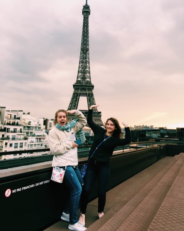Juniors Brittany Robinson and Ava Distefano enjoy the view of the Eiffel Tower.