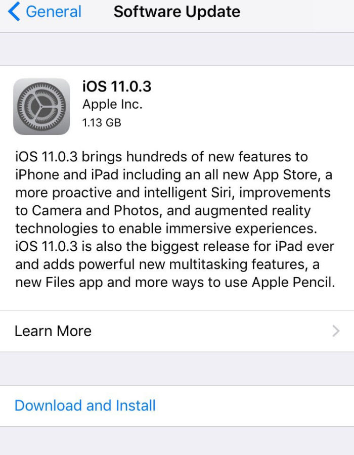 A screenshot of the description of the new iOS update. 