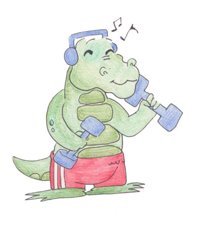 A cartoon gator with red gym pants lifts weights while listening to music.