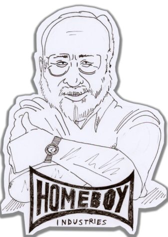 An original illustration of Fr. Boyle, founder of Homeboy Industries.