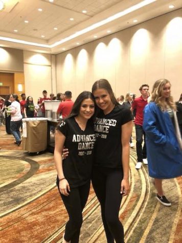 Seniors Ashten Wheeler and Katie Lopez representing the advanced dance class in the Senior Fashion show