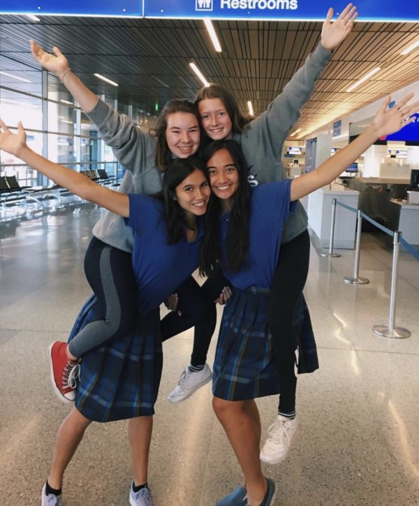 Seniors Janna Hynds and Karina Hawkins saying goodbye to their new German friends at the airport on Sept. 21