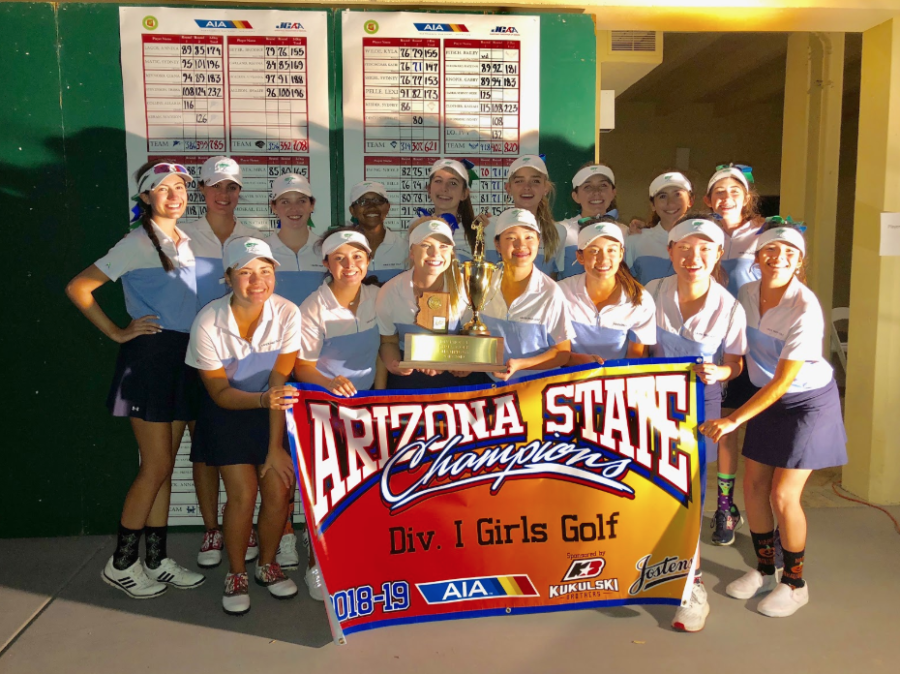 Pictured is Xaviers golf team winning the Division 1 Girls Golf Championships. Congrats to the golf program on their 36th state title! Photo courtesy of Eve Worden ‘19.