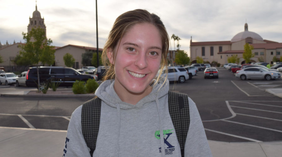 Senior+Veronika+Skikos+posing+in+front+of+Brophy.+She+is+currently+the+President+of+Brophy%E2%80%99s+Latin+Club.+Photo+courtesy+of+Lauren+Brown+%E2%80%9819.