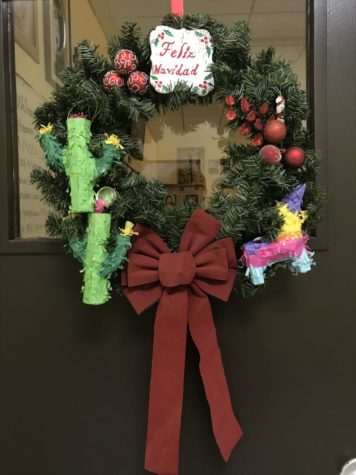 The Christmas wreath on the door of Señora Gutierrez’s classroom. This wreath is unique because it has