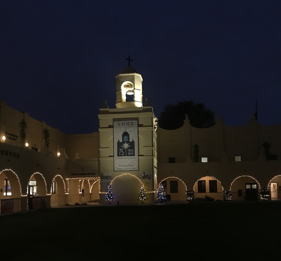 The decorated christmas trees at the Bell Tower in early morning. Photo courtesy of Marybeth Bonner ‘19. 