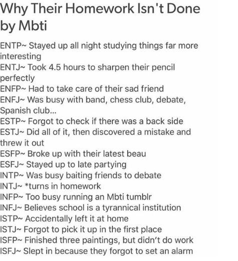 Pictured is a humorous display of how Myers Briggs Personality types can represent students.