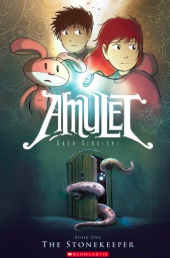 Amulet: The Stonekeeper cover with the main character’s 
Emily (top right with the lighted Amulet), her brother Navin (behind Emily) and Miskit, a rabbit robot created by their great-grandfather.