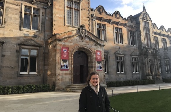 Senior Helen Innes standing in front of the entrance to the University of St Andrews, where she will be attending starting in the fall of 2019. Photo courtesy of Helen Innes 19.