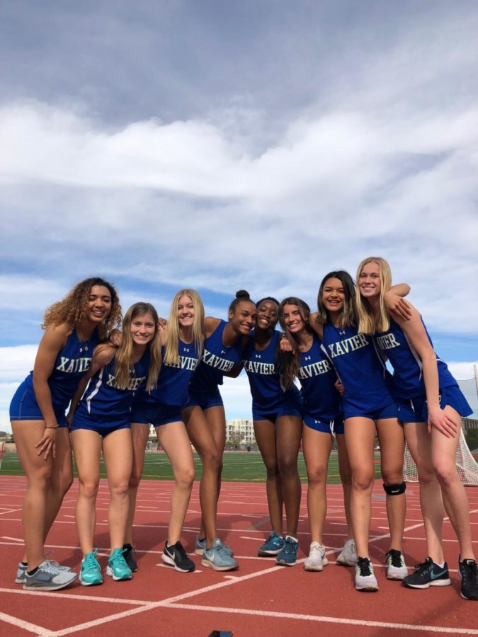 Xavier’s sprint team for the 2018-2019 Track and Field season. Pictured from left to right: Kolbe Pierce ‘19, Jhonnie Mitchell ‘19, Leila Grant ‘19, Jada Simms ‘19, Amaka Alilonu ‘20, Taylor Brown ‘20, Alessandra Galasso ‘20, and Sophie Brohard ‘20. Photo Courtesy of Taylor Brown ‘20.