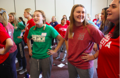 Taylor Garman ‘20, Emma Elsbecker ‘20, and Angelina Abdeen ‘20 giggle while embracing the lighthearted nature of Senior Prayer Day. This picture was taken during Activity A with Ms. Cavnar as the girls did a warm up activity to become even more familiar with their peers. Photo Courtesy of Meghan Galbreath ‘20.