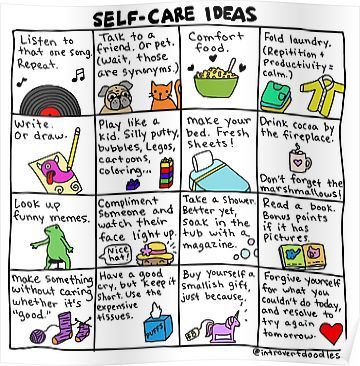 A drawing showcasing different types of self-care. 
Photo credit: Introvert Doodles at RedBubble. 