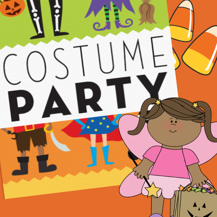 A designed cartoon graphic picturing a costume party invitation and little girl participating by dressing up as a fairy. Photo credits: Annabelle Goettl 20.