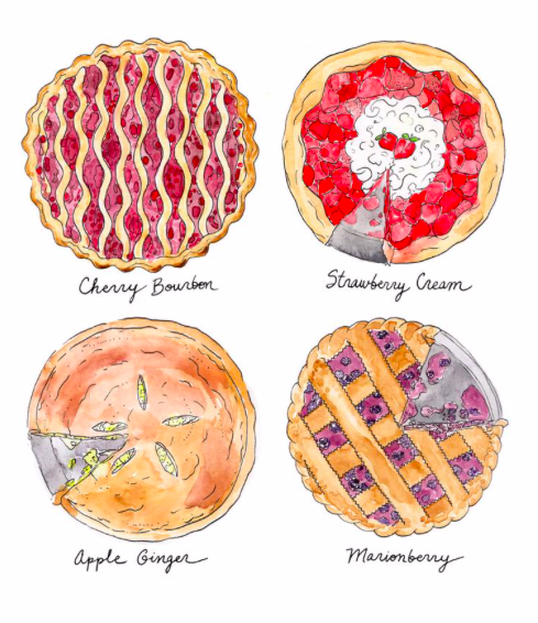 A beautifully drawn illustration of pies. 
Photo Credit: MarcellaStudios on Etsy.