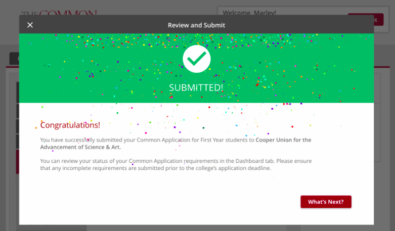 The rewarding celebration screen that accompanies pressing submit on your Common Application. 
Photo Credit: MakingCaringCommon Project