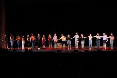 Students in the Theatre Showcase give props to their music director, Josh Condon. Actors performed and then gave the crowds attention to the director, music director and choreographer as thanks for getting them back onto the stage. 
