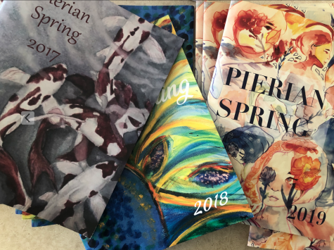 Pierian Spring issues from past years display student art on front covers. Club members created and selected each piece of art and designed the front cover and inside of each issue.


