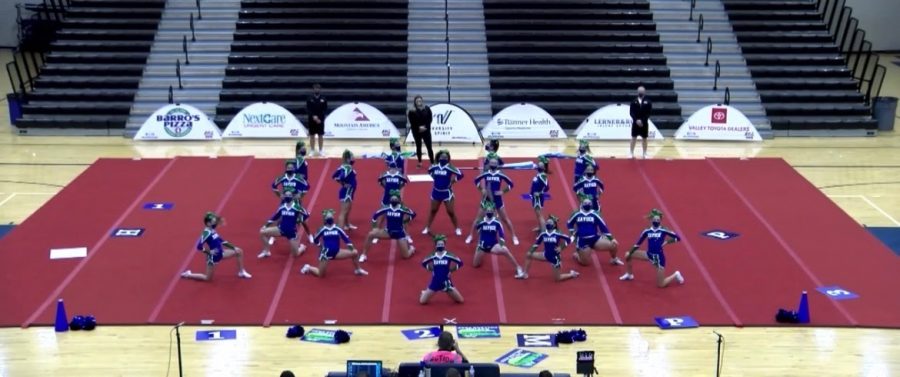 Cheer girls perform their full-team routine at State Qualifiers in 2020. The State Qualifiers this year occurred in person, while National Qualifiers occurred virtually. 