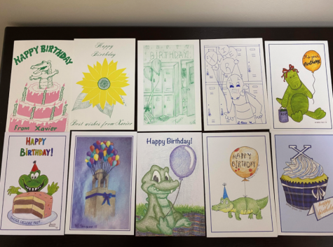 Birthday cards through the years are arranged from the first card to the second most recent card. 