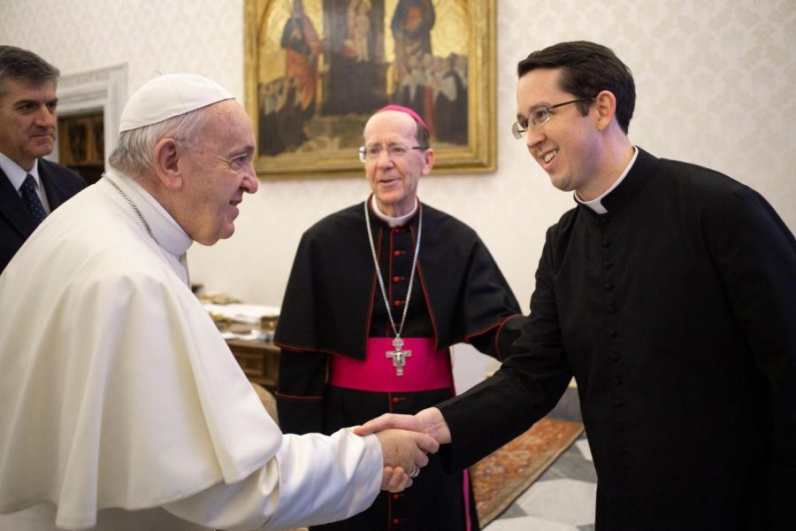 Father Nathaniel Glenn meets Pope Francis with Bishop Olmsted in Vatican City, Rome at the Apostolic Palace, February 10, 2020. Glenn was still a student at the time and accompanied Olmsted for Olmsted’s required Ad Limina visit with Francis every 5-8 years. 