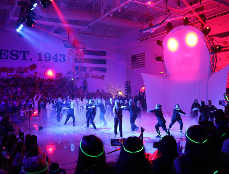 XCP+staff+members+dance+in+the+Lights+Out+Rally+on+8th+Grade+Day.+It+was+performed+on+October+29%2C+2021%2C+and+dance+teacher+Kelly+Scovel+choreographed+it%2C+featuring+many++teachers%2C+guidance+counselors+and+moderators.
