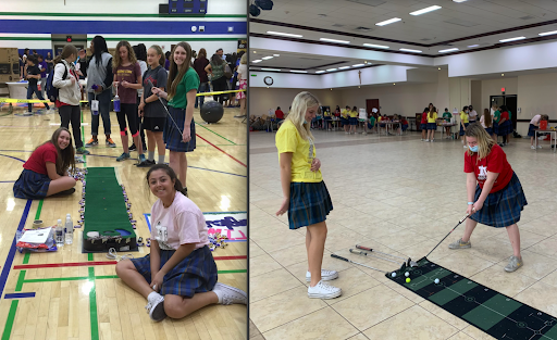 Left picture, In 2016, Emily Cons ‘19 (front) teaches how the force of friction is used when she hits the ball. Right picture, Girls Have IT Day 2022 participant Annie Meaney ‘22 (right) enjoyed activities of the day including one of physics. 