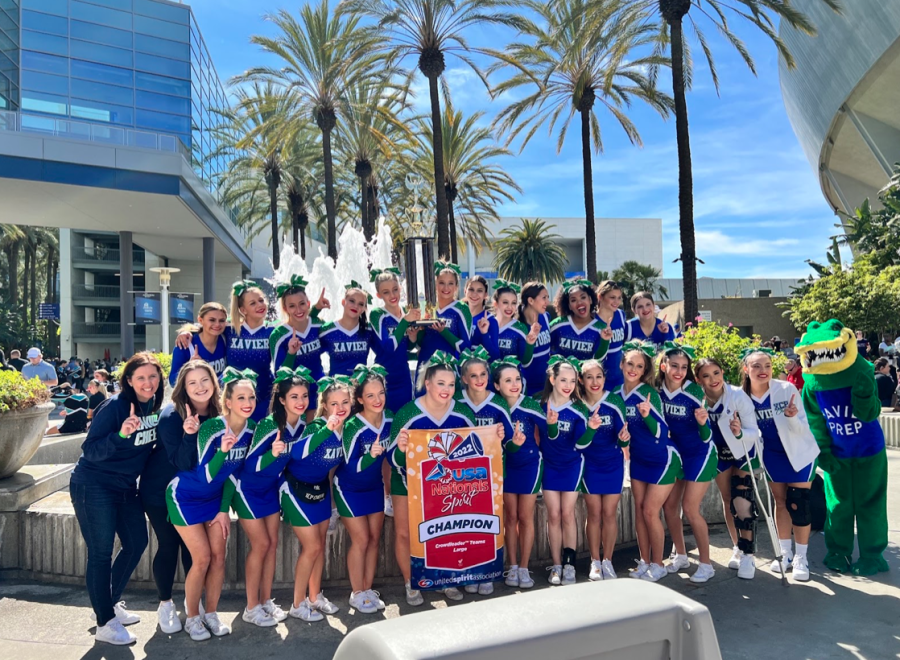 Spiritline+and+coach+Monica+Gaspar+pose+in+front+of+the+fountain+at+the+Anaheim+Convention+Center+with+their+2022+USA+National+Spirit+Champion+banner.+Xavier+won+the+%E2%80%9CAll-Girl+Stunt%2C%E2%80%9D+%E2%80%9CGame+Day%E2%80%9D+and+%E2%80%9CMedium+Varsity+Show+Cheer.%E2%80%9D+