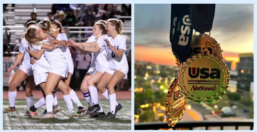 Featured on the left, Xavier's soccer team celebrates its victory in state finals. On the right, Joslyn Jenkins takes a picture of her Spiritline medal featuring a colorful Anaheim sunset. 