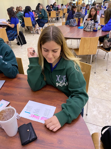Sophomore Arya Banks ‘24 looks at her final exam study packet that she created. Arya, along with many other students, is starting to prepare for finals so that she can study with an eased mind.