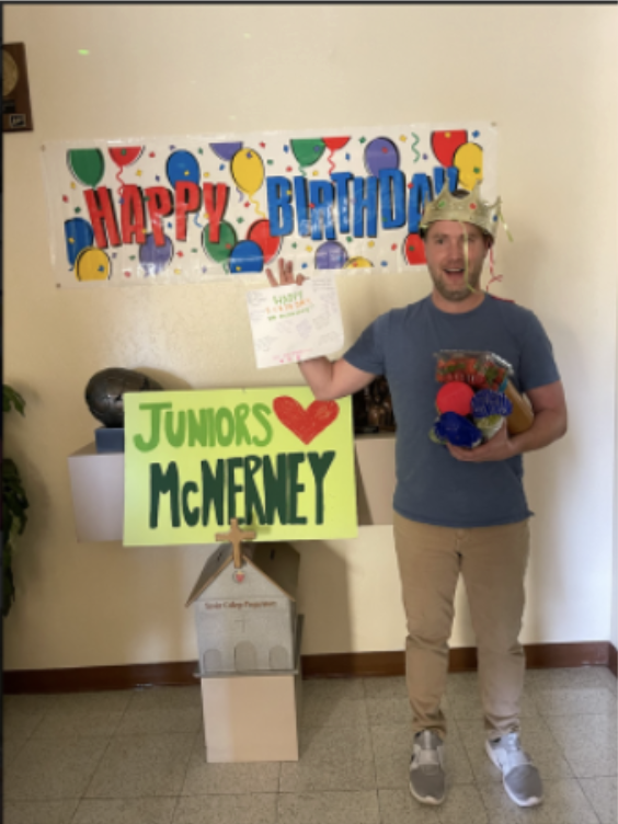 Mr. McNerney, the junior class moderator, celebrates his birthday. His wonderful students brought him a crown and a card to celebrate his big day.  