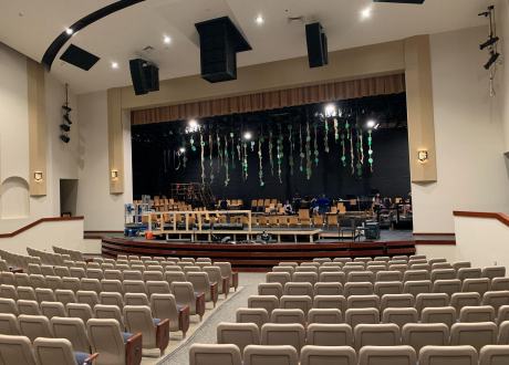 Xavier’s performing arts center awaits, just a few days before opening night of “Peter and the Starcatcher.” This is the stage during tech week where placement and lighting are “locked in.”  