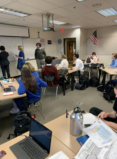 Xavier and Brophy students meet for the first time to create ideas for this year’s production of Bronco Room. Students start writing as many skits as they possibly can.