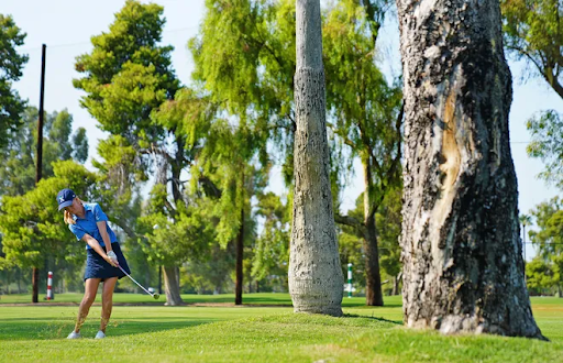 On September 7 at the Phoenix Country Club Golf Course, Annie Dawson on a par 5 hits the ball between two trees. Xavier won against Hamilton 141-154.