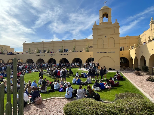 Xavier students gather at the bell tower to hear members of the Apache Stronghold share their message. If there is not a favorable ruling in the 9th Circuit Court, the Apache Stronghold will take its cause to the Supreme Court.