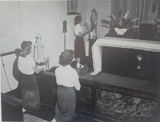 In 1951, Xavier students wore long straight skirts with white-collared shirts and beanies to Mass. Today, the girls sport knee-length plaid skirts with blue or white polos layered with Xavier sweatshirts. (Photo courtesy of Xavierian ‘51)