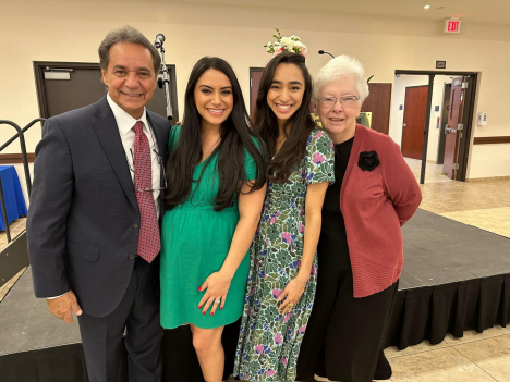 Camille O’Reilly and Denise Malkoon pose for a photo at the Father-Daughter Mass and Breakfast. They stand with their father and Sister Joan Fitzgerald.  (Photo courtesy of Denise Malkoon)
