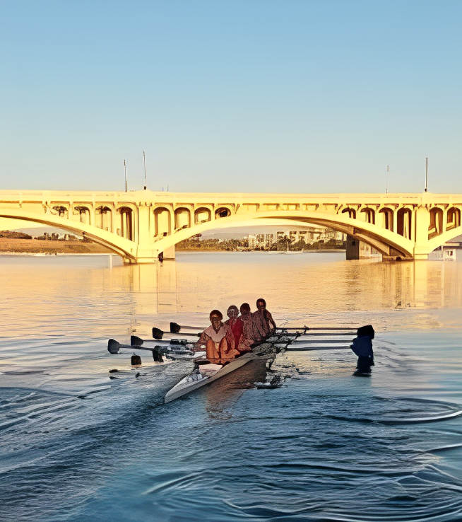 From front to back, Haley Strickbine, Norah Dentz, Sarah Strickbine and Sydney Hertzberg are pictured rowing in the four. The Gators glide through the water at Tempe Town Lake for practice. (Photo courtesy of Geoffrey Stricklin)
