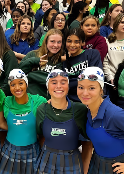 The outstanding recipients of the NISCA Academic All-American Award pose at the Fall Sports Rally. The swim and dive team was ready to perform its dance. (Photo courtesy of Audrey Schaub)