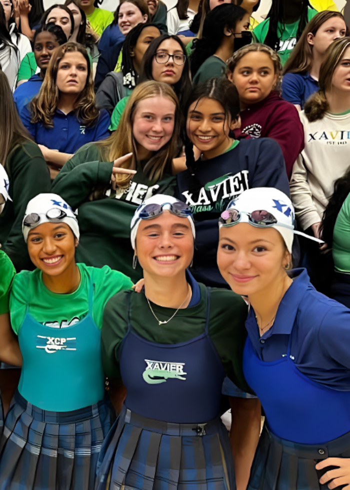 The+outstanding+recipients+of+the+NISCA+Academic+All-American+Award+pose+at+the+Fall+Sports+Rally.+The+swim+and+dive+team+was+ready+to+perform+its+dance.+%28Photo+courtesy+of+Audrey+Schaub%29