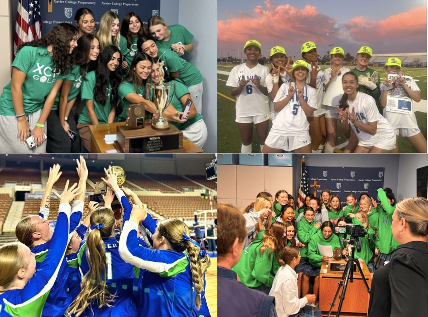 A collage of Xavier’s winning teams during the 2024-2025 school year. Xavier won 4 state championships this year: swim, golf, volleyball and soccer. 