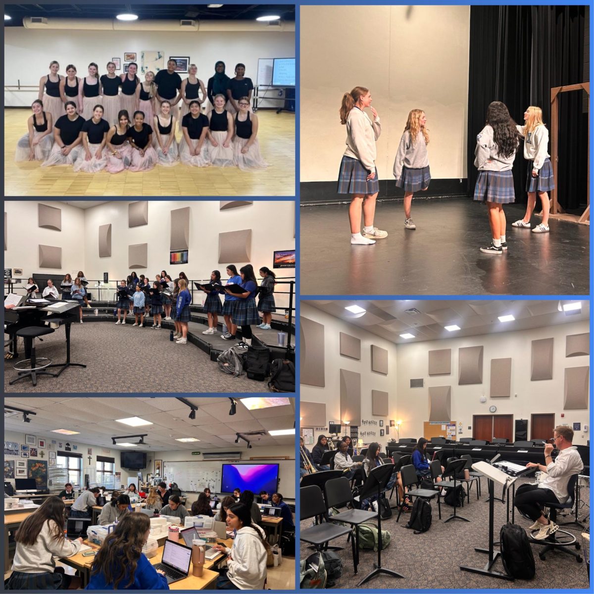 Various Freshwomen work diligently in their fine art classes. On the left, top to bottom, is as follows: Introduction to Dance, Freshwoman Choir and Introduction to Art. On the right, top to bottom is Introduction to Theatre and Concert Band. 