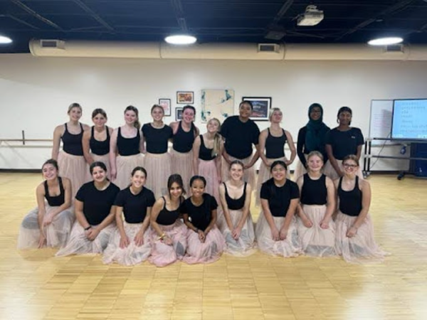 Freshwomen class of 2027 in Introduction to Dance pose in their ballet outfits. These students have been preparing for the Spring Concert that they will perform in at the end of the school year. (Photo courtesy of Kelly Scovel)
