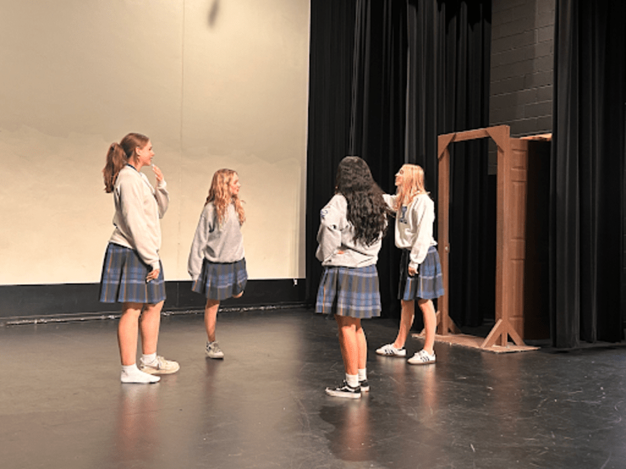 Freshwomen Ashling Faaborg, Claire Young, Serenity Cota and Marisa Vostrejs play the improvisational game “Party Quirks” in their seventh period Introduction to Theatre class. Fun games like this are one of the many ways students are able to express themselves throughout this course. 