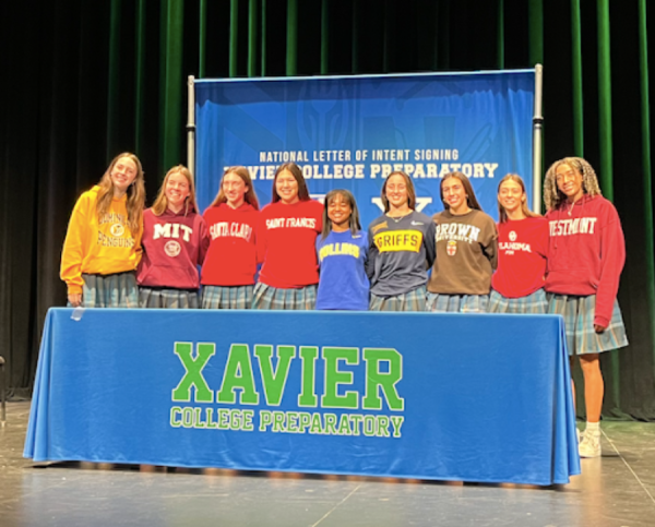 Nine Xavier students from the class of 2024 signed their national letters of intent to play a collegiate sport on February 7, 2024. These students have been diligently communicating with varying universities as early as the beginning of their junior years, and committed to play sports ranging from track and crew to volleyball and softball.