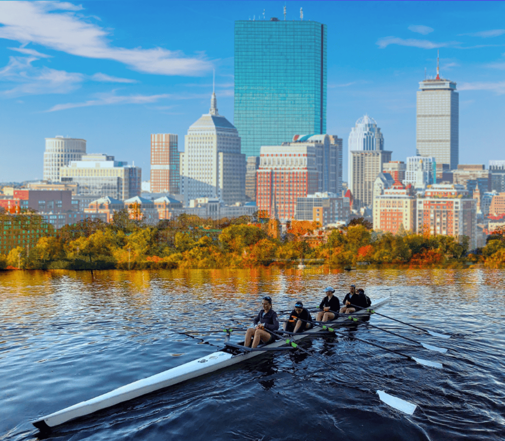 On Sunday, October 20, Xavier rowers Kalani Hernandez '25, Miranda Papez '25, Norah Dentz '25, Sydney Hertzberg '25 and Sophia Robaina '27 use “pick drills" to warm up on the Charles River in Boston, Mass. They are preparing to face other competitors at the Head of the Charles Regatta.