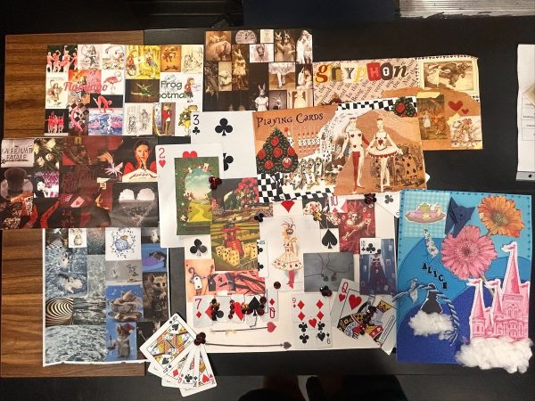 Collages made by cast members to help them understand their roles stand on display in Xavier’s black box theater. These were made at an audition workshop, which are ordinarily held before auditions.  